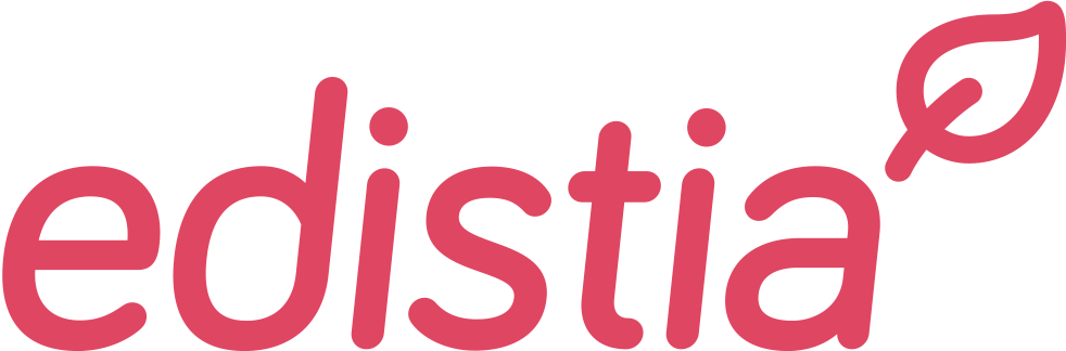 Edistian logo: punainen Edistia-teksti, jossa a-kirjaimen päällä lehti
